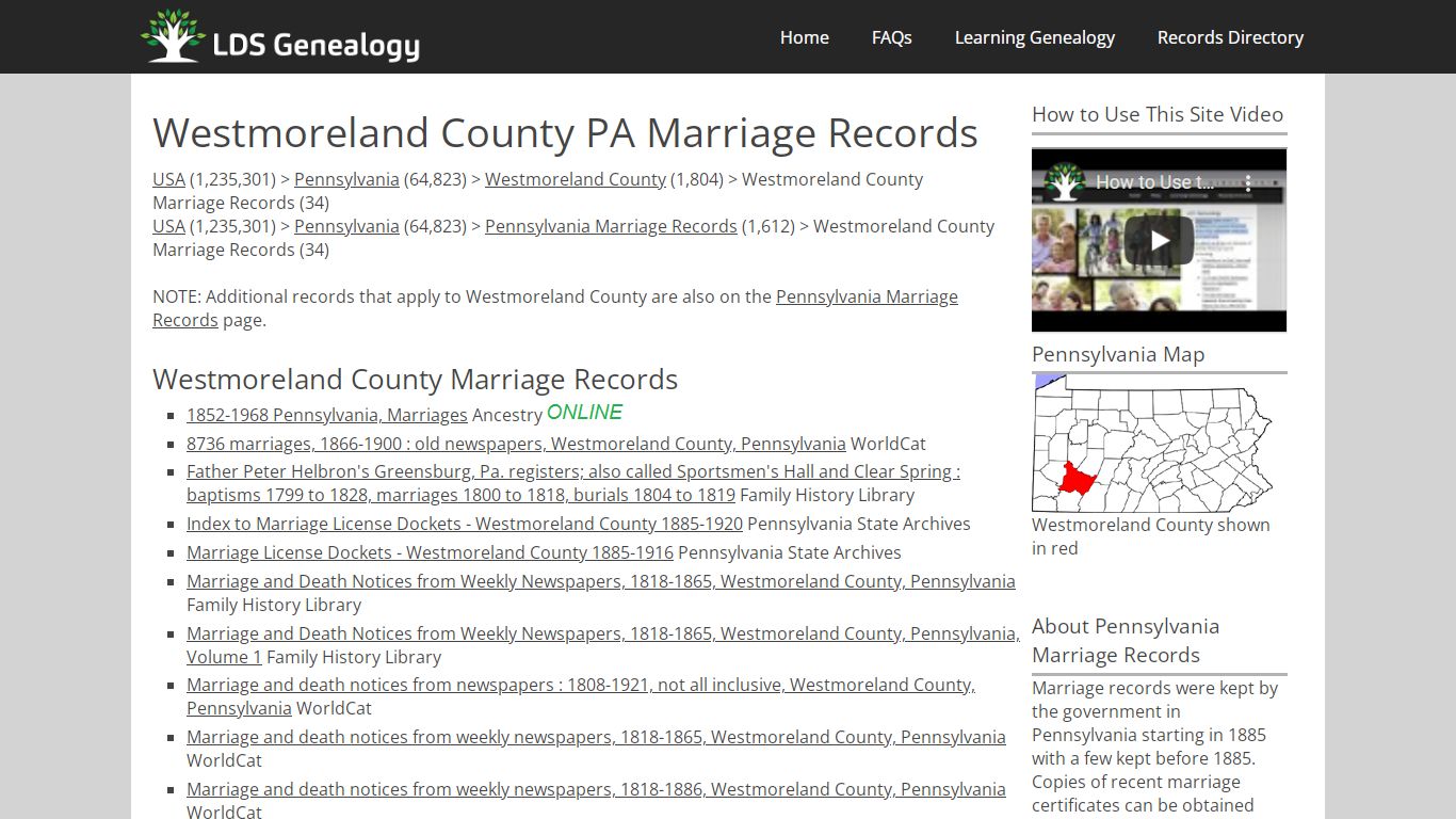 Westmoreland County PA Marriage Records - LDS Genealogy